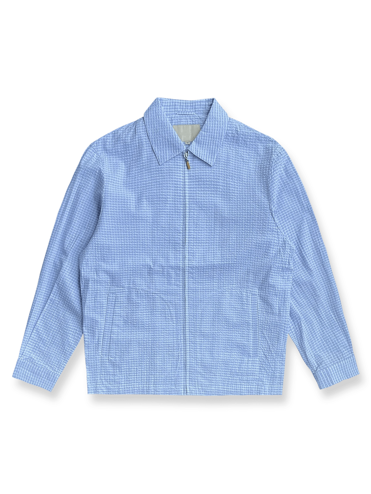 製品画像:Cleanfitシアサッカースタンドカラージャケット全体の外観
詳細画像:袖口ボタンとシアサッカー素材の質感ディテール