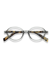 クリアグレーのフレームとべっ甲柄テンプルのメガネ