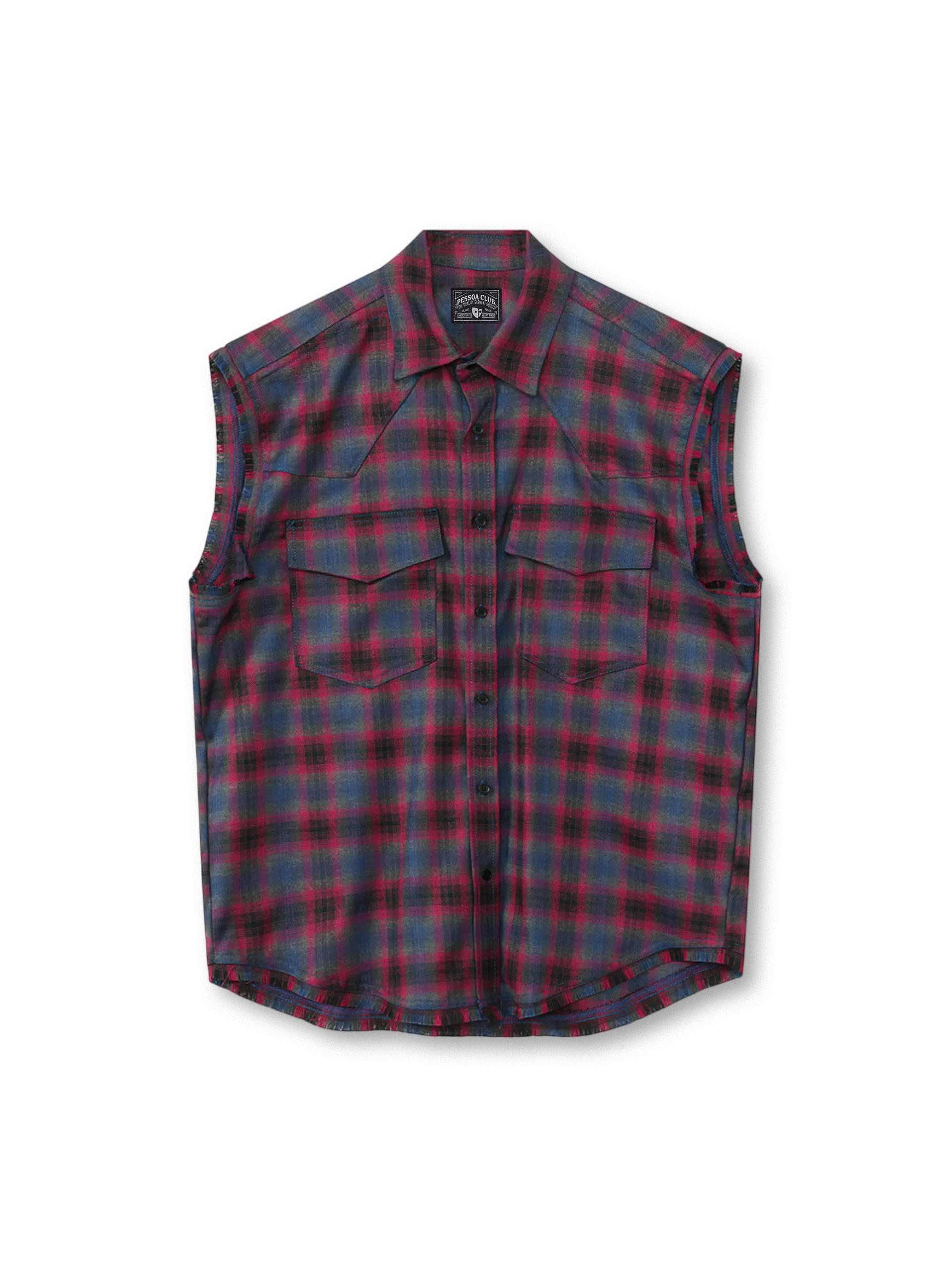 ヴィンテージネル由来のチェック柄とカラーブロックが特徴のノースリーブシャツ