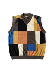 100%高捻綿糸使用、七色ブロックパッチのチェッカーボードデザインニットベスト。ルーズフィットボックスシルエット。