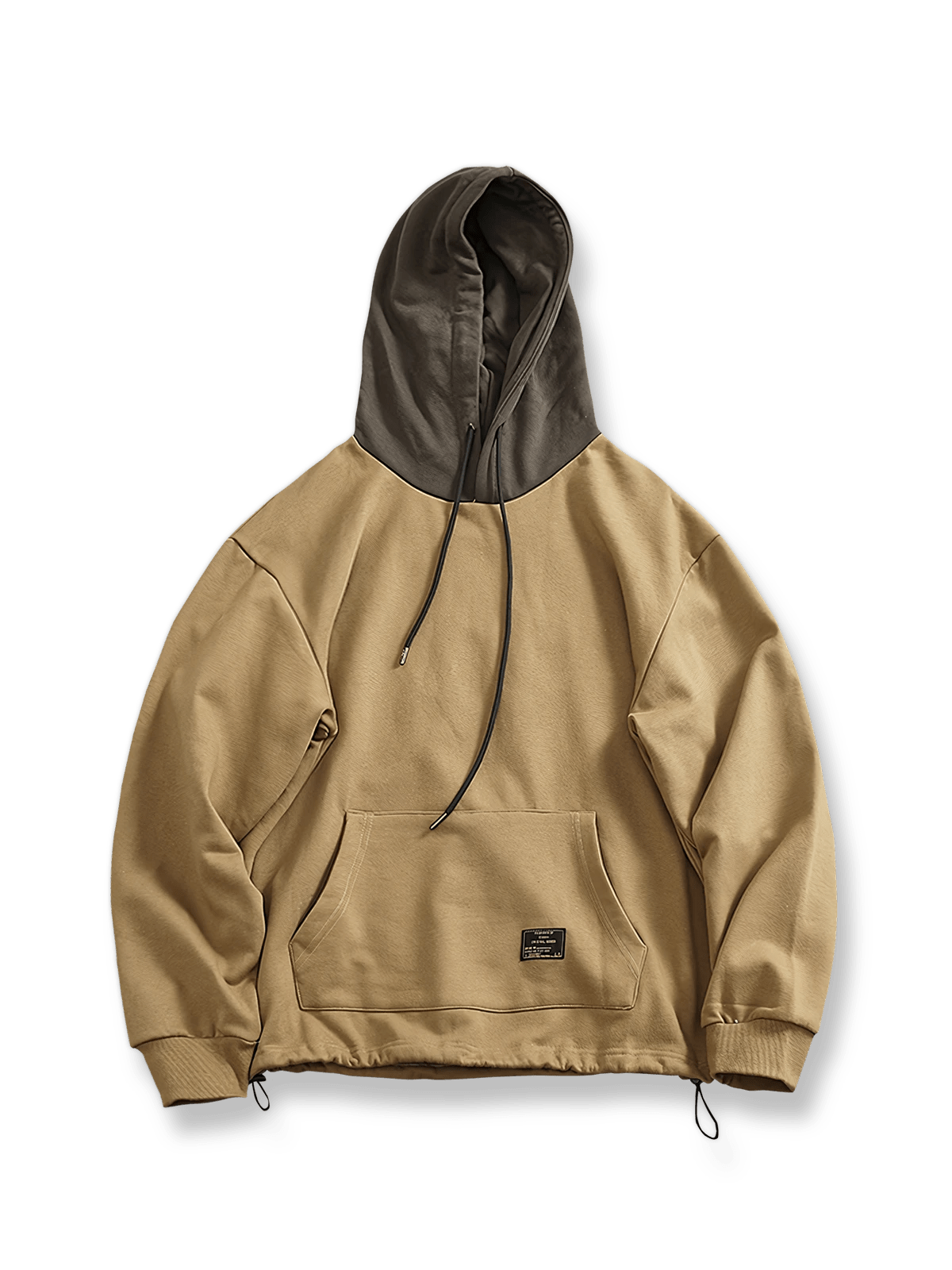 カラーブロックフーディ。高密度ニット×パイルフリース裏地、カンガルーポケット、裾ドローストリング、ドロップショルダーを備えた暖かいデザインアイテム。