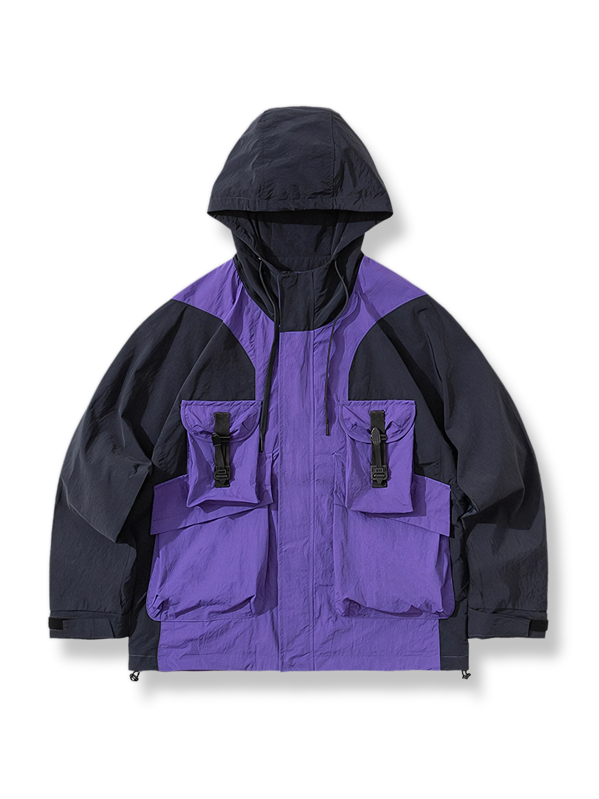 カラーブロック切り替えとフード付きのアウトドアジャケット