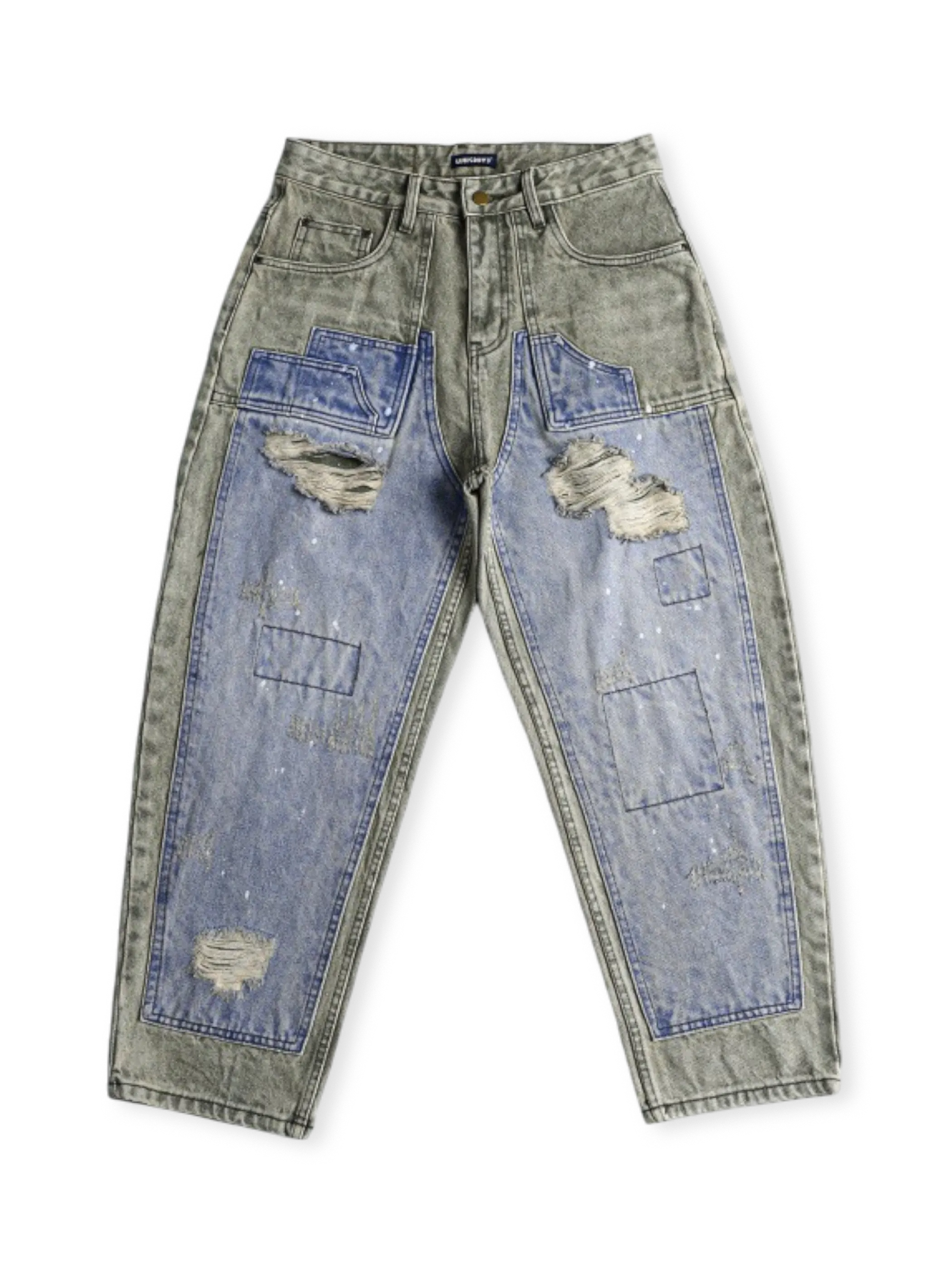 20世紀中期アメリカンワークパンツ着想のコントラストパッチワークとダメージ加工が特徴のヴィンテージデニムパンツ。