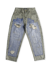 20世紀中期アメリカンワークパンツ着想のコントラストパッチワークとダメージ加工が特徴のヴィンテージデニムパンツ。