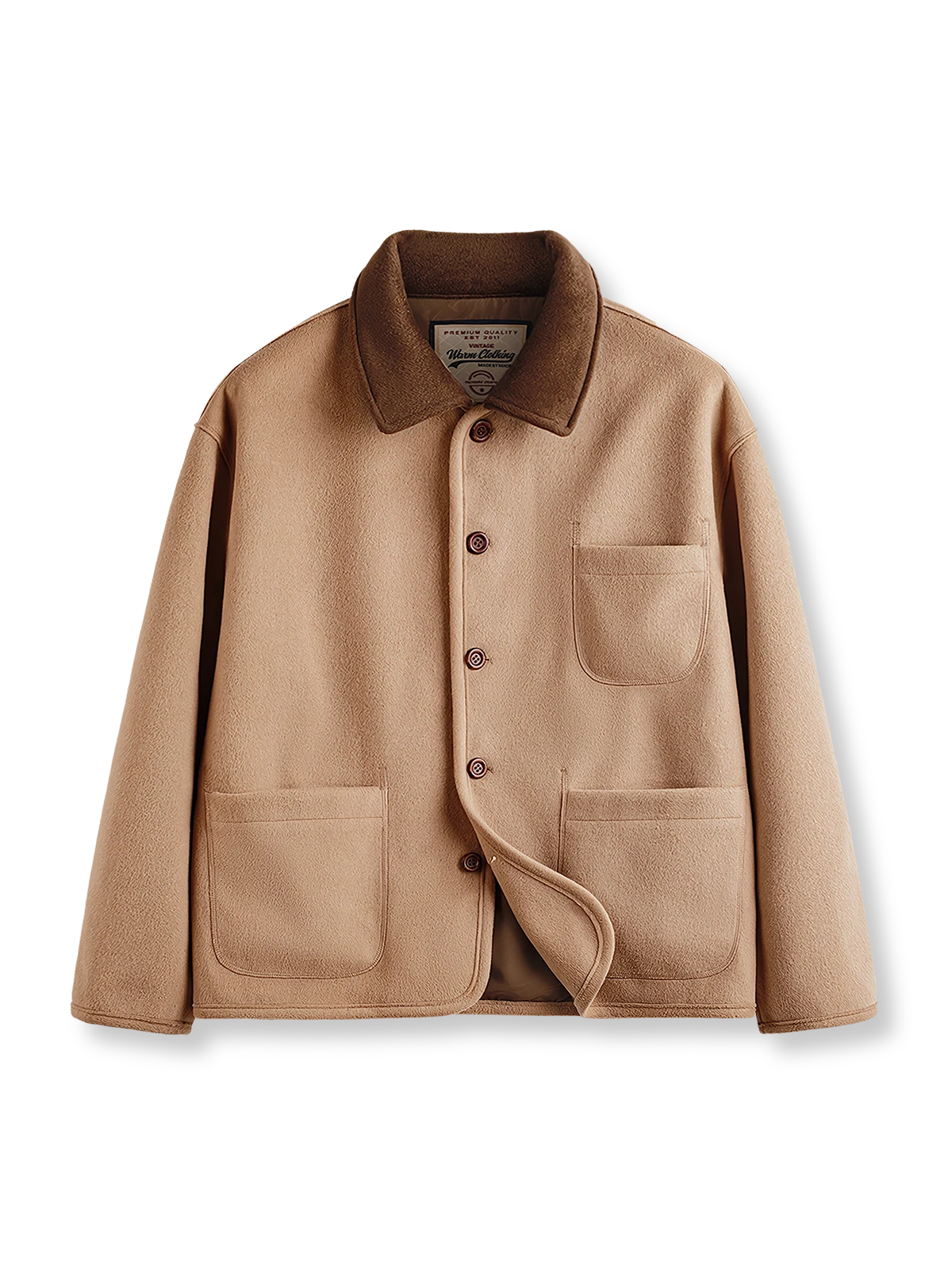 配色切替えの襟元が特徴的なラシャ素材ウールジャケット。