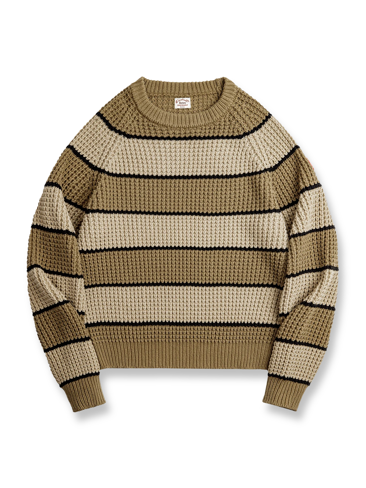 ツートンストライプとパイナップル編みが特徴のヴィンテージ風セーター。