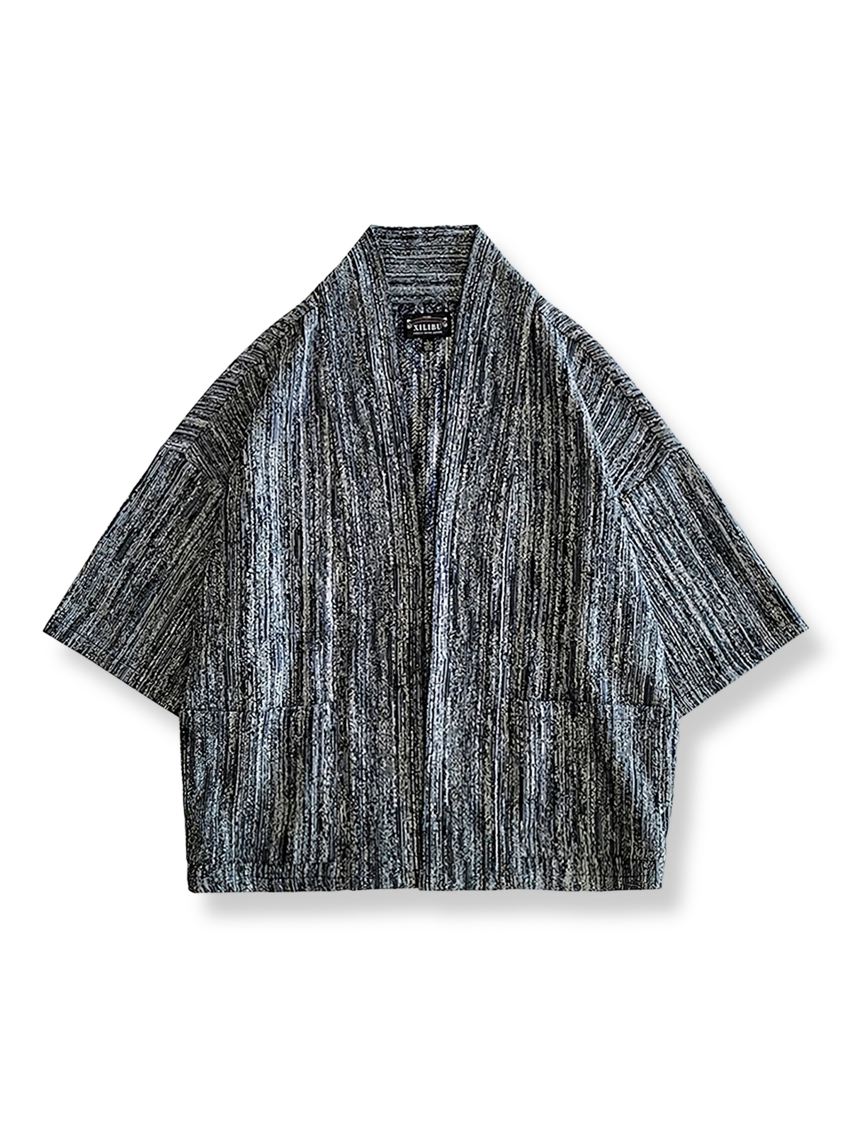 色織り生地で仕立てたゆったりシルエットのカーディガン袢纏。