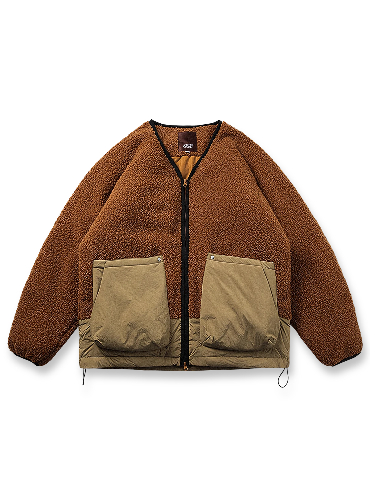 カラーブロックデザインのラムスキンダウンジャケット(襟なしタイプ)