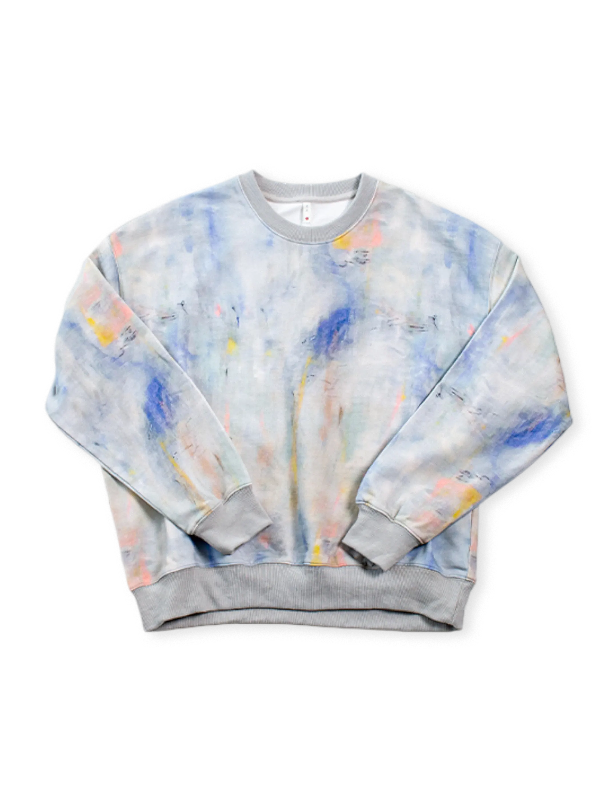 320g純綿毛輪布使用のカラフルグラフィティプリントスウェット。リブ襟口と裾付き。