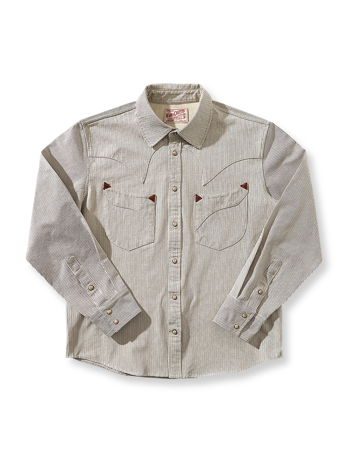 ストライプ柄とスナップボタンが特徴のウエスタン長袖シャツ