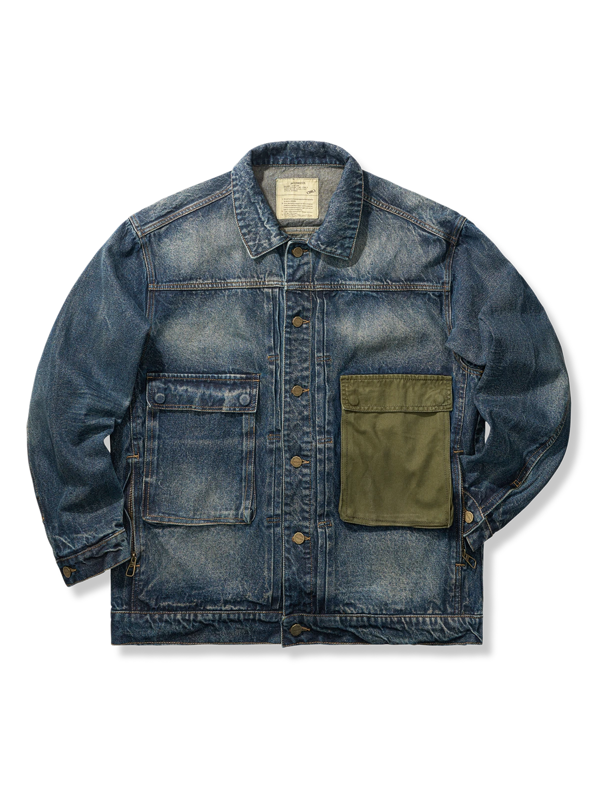 コントラストカラーのパッチワークポケット付き、純綿デニム素材の調整可能裾ジャケット