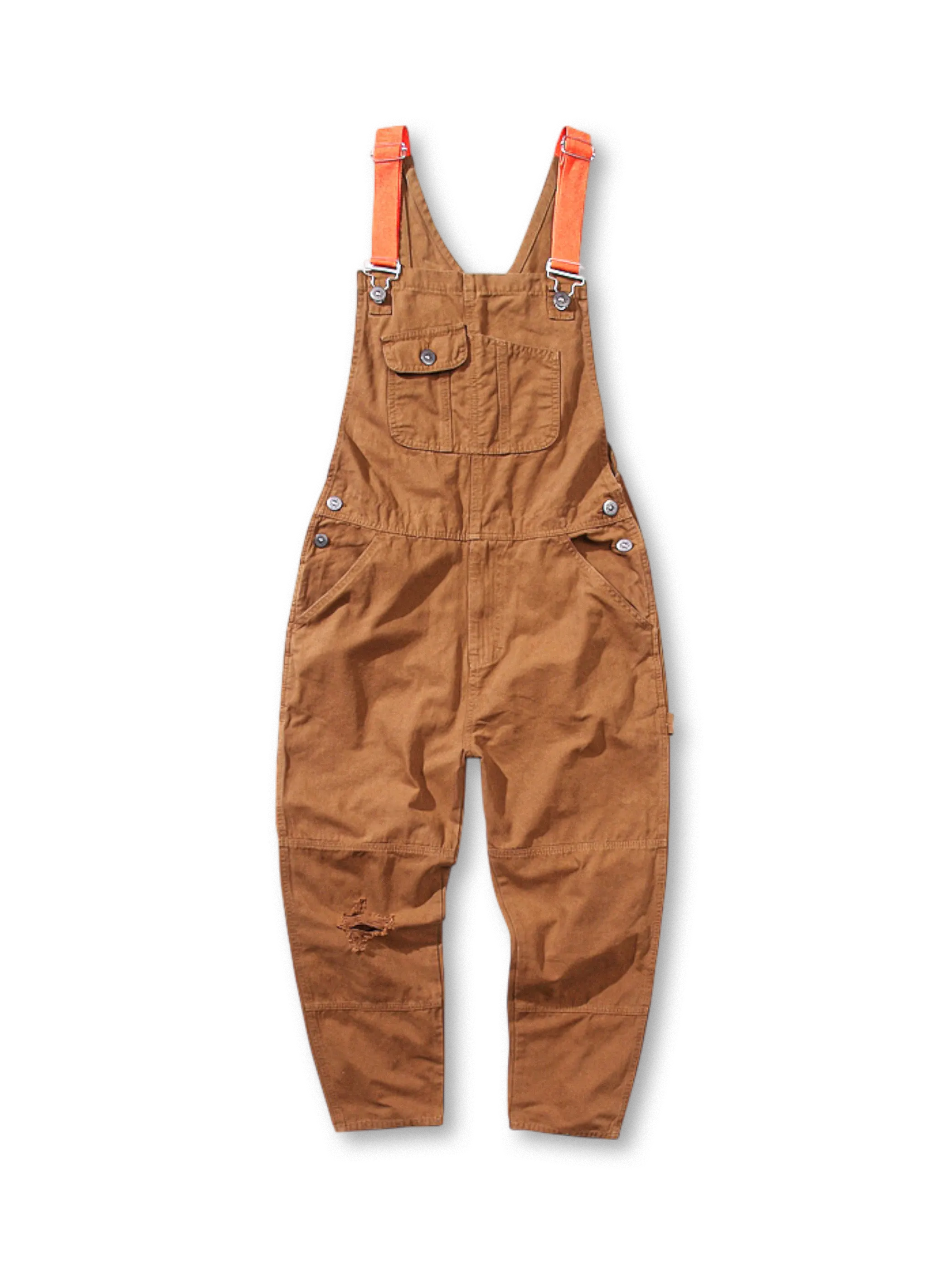 米軍作業服に着想を得たコットンツイル素材と金属バックルストラップを備えたダメージ加工が特徴のワークオーバーオール