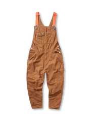 米軍作業服に着想を得たコットンツイル素材と金属バックルストラップを備えたダメージ加工が特徴のワークオーバーオール