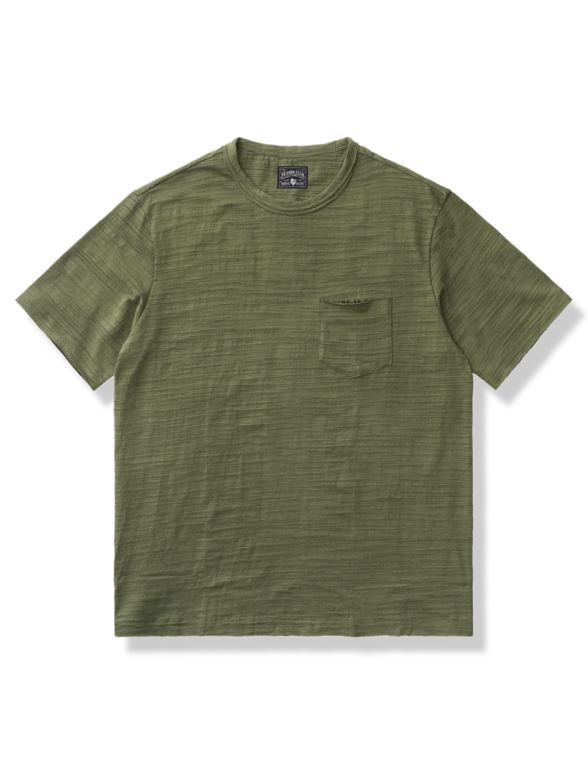通気性とリネン風テクスチャーが特徴の斜め織り純綿素材、胸ポケット付き涼感Tシャツ