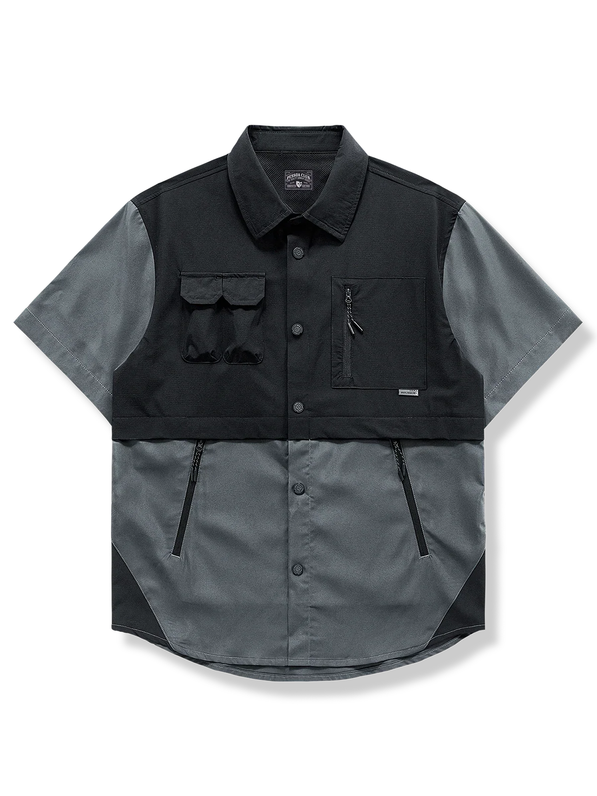 涼感ポケット付き純綿Tシャツにブラックベスト風フェイクレイヤードデザインを組み合わせた、多用途で快適なカジュアルTシャツ