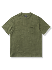 通気性とリネン風テクスチャーが特徴の斜め織り純綿素材、胸ポケット付き涼感Tシャツ