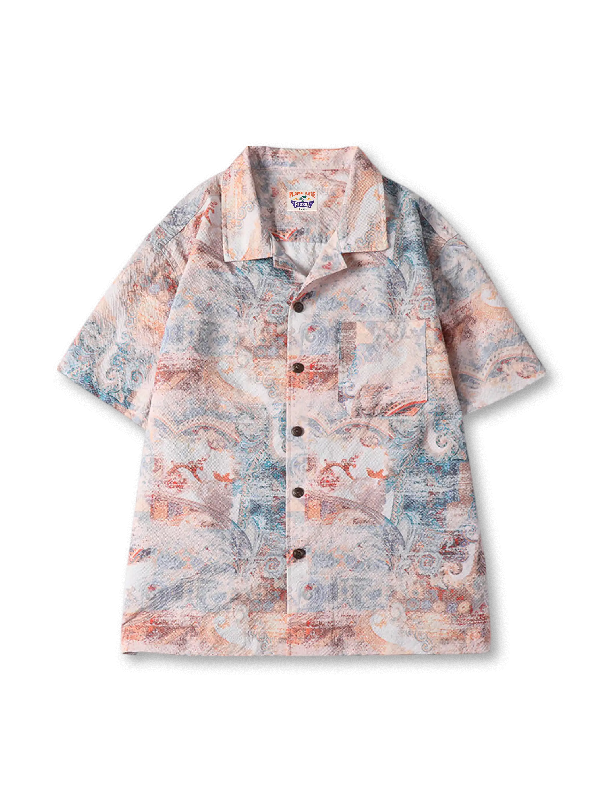 接触冷感シアサッカー生地に抽象柄をプリントしたキューバカラー半袖シャツ