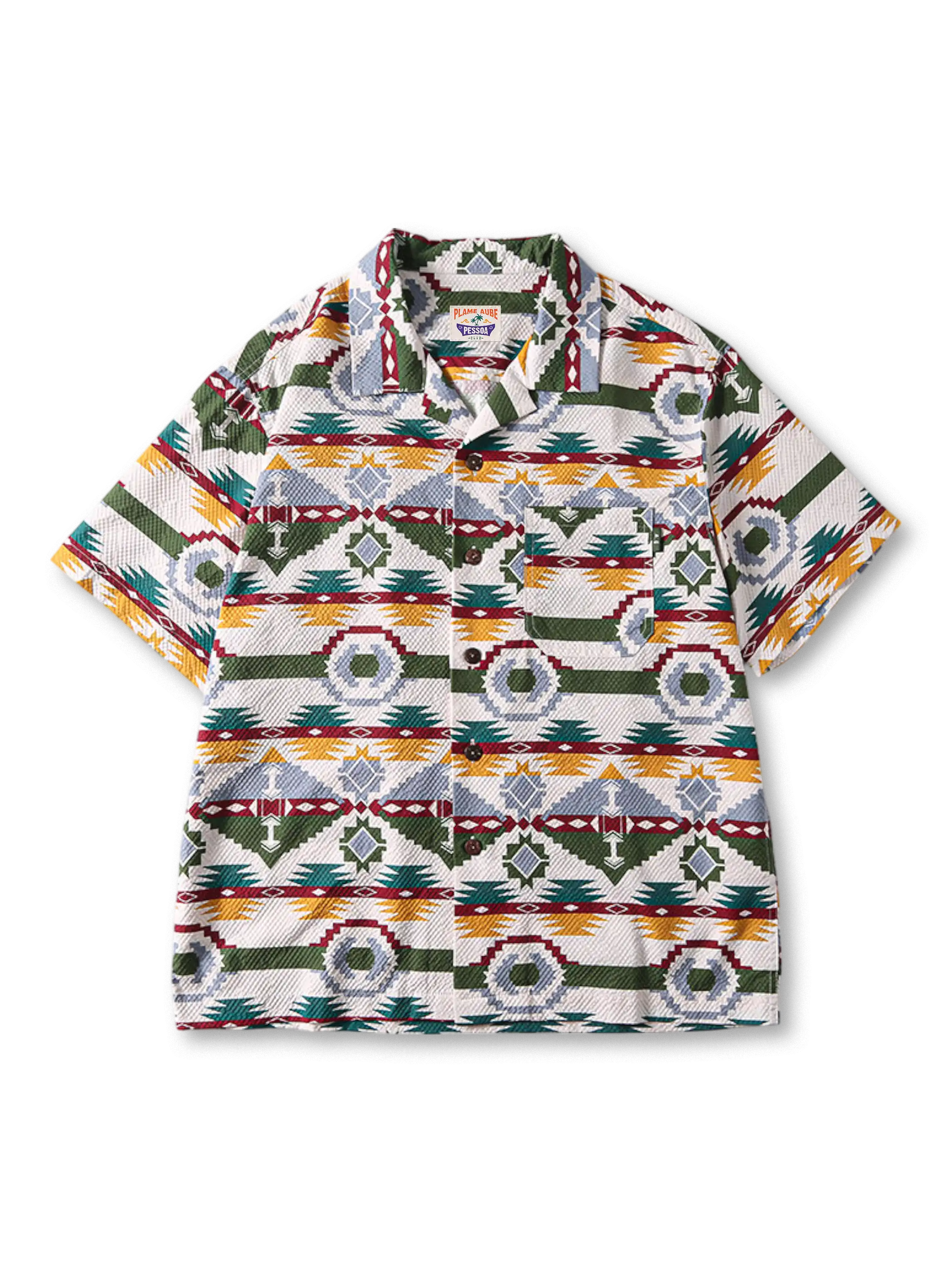 接触冷感シアサッカー生地の民族柄キューバカラー半袖シャツ