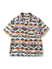 接触冷感シアサッカー生地の民族柄キューバカラー半袖シャツ