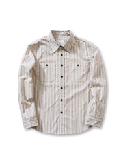 コーデュロイ風ストライプの長袖シャツ、フロントボタン、胸フラップポケット2つ、レギュラーカラー