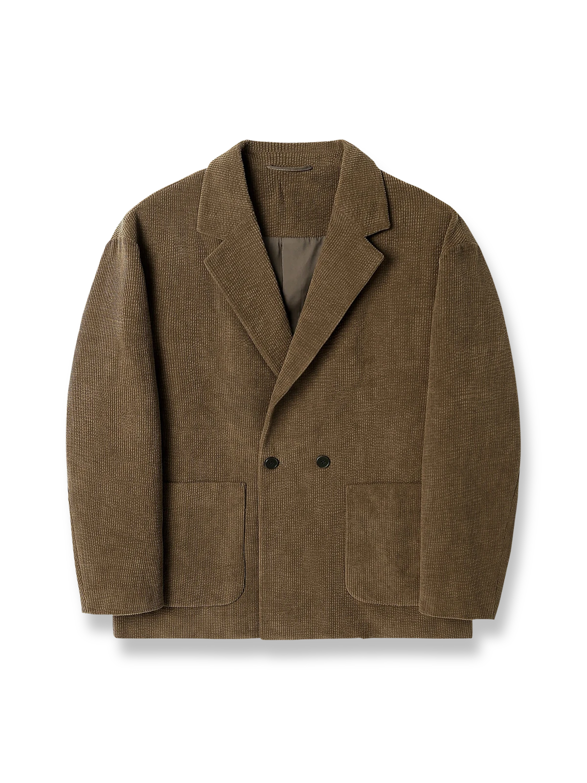 高密度コーデュロイとストライプ模様を特徴とするカジュアルスーツ。2ボタンと丸パッチポケット付き。