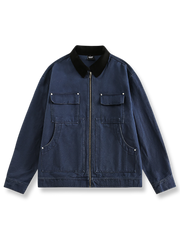 コーデュロイ襟と多ポケットが特徴のデニムジャケット。