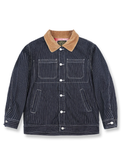 コーデュロイ襟とウール混紡チェック裏地を備えた多ポケットデニムジャケット。ブラス製パーツとブランドロゴ入り。