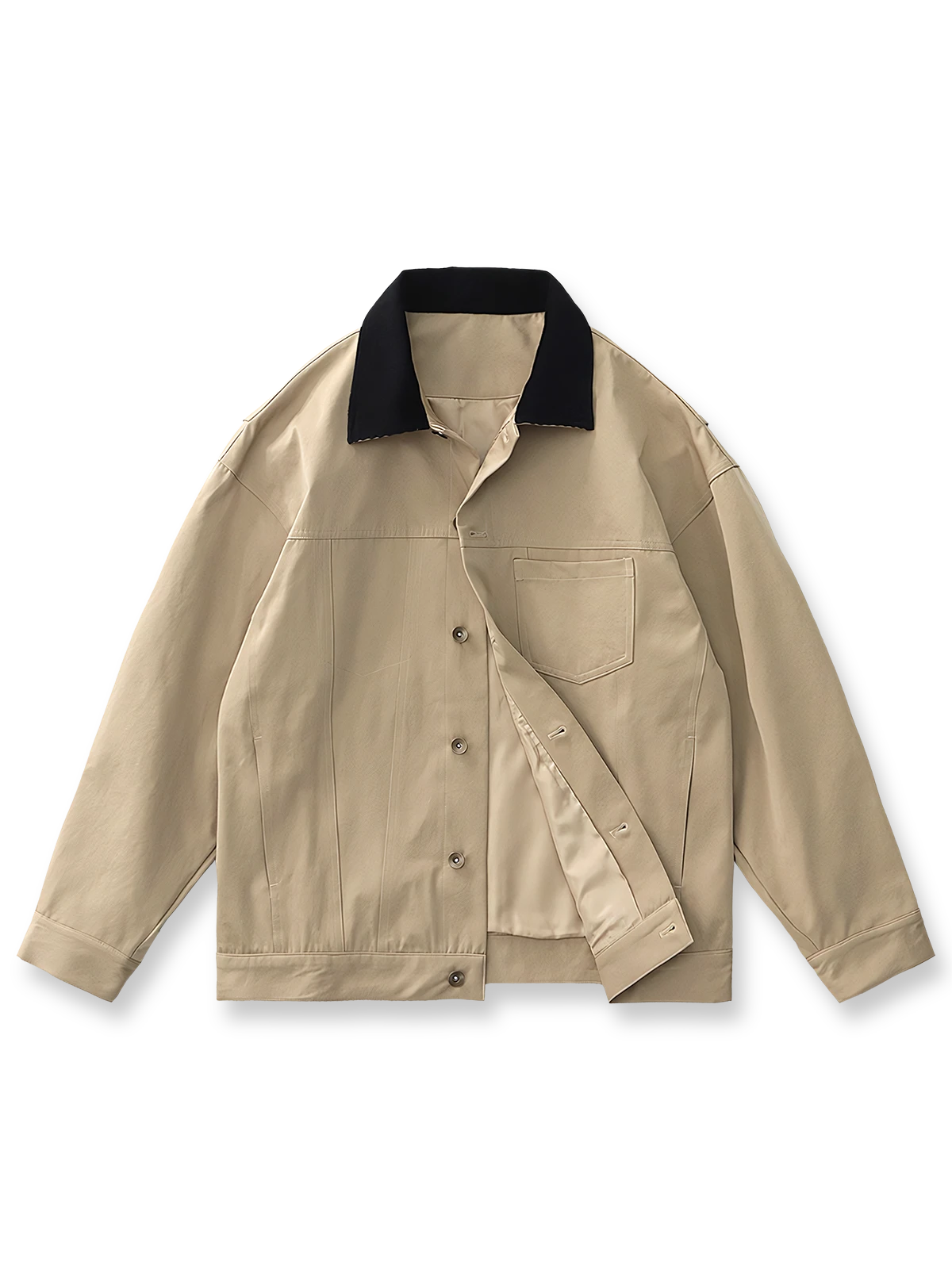 ヴィンテージ風コーデュロイ襟とアクションプリーツが特徴のオーバーサイズワークジャケット。