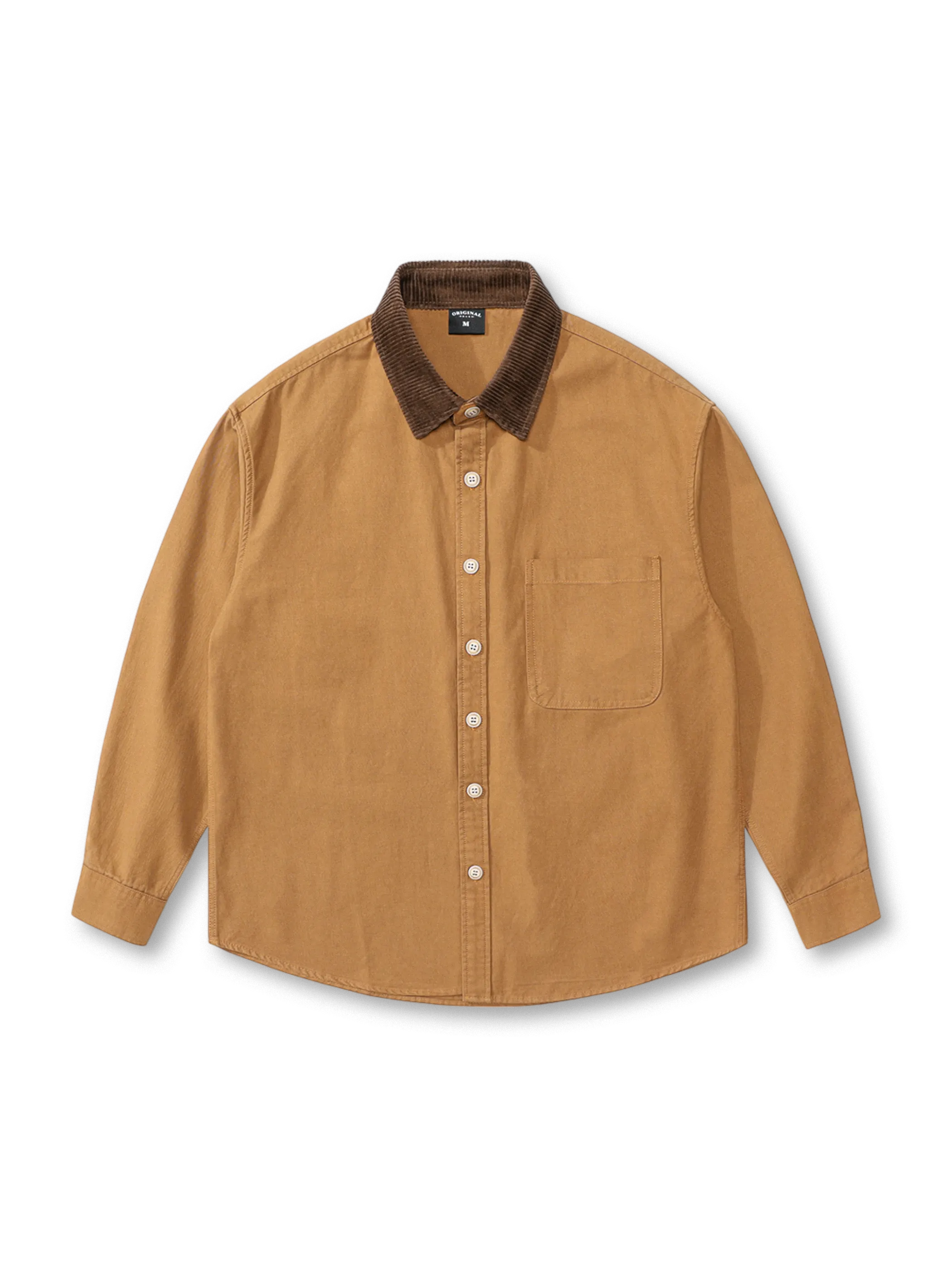 コーデュロイカラーの翻領と260g斜紋生地を使用した配色シャツ。