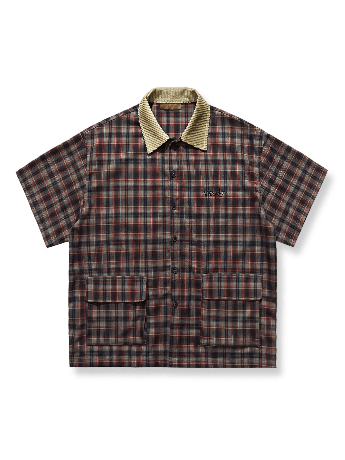 コーデュロイカラーのダブルポケットチェックシャツが前面から見える商品画像