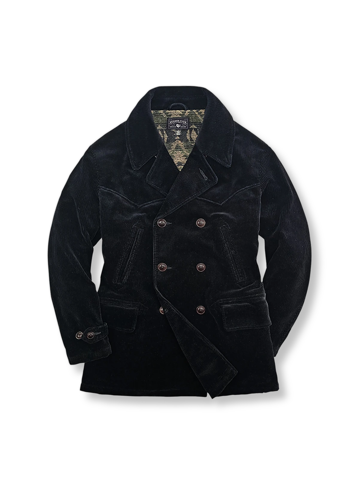 重厚なコーデュロイ素材とダブルブレストデザインの中長丈コート。