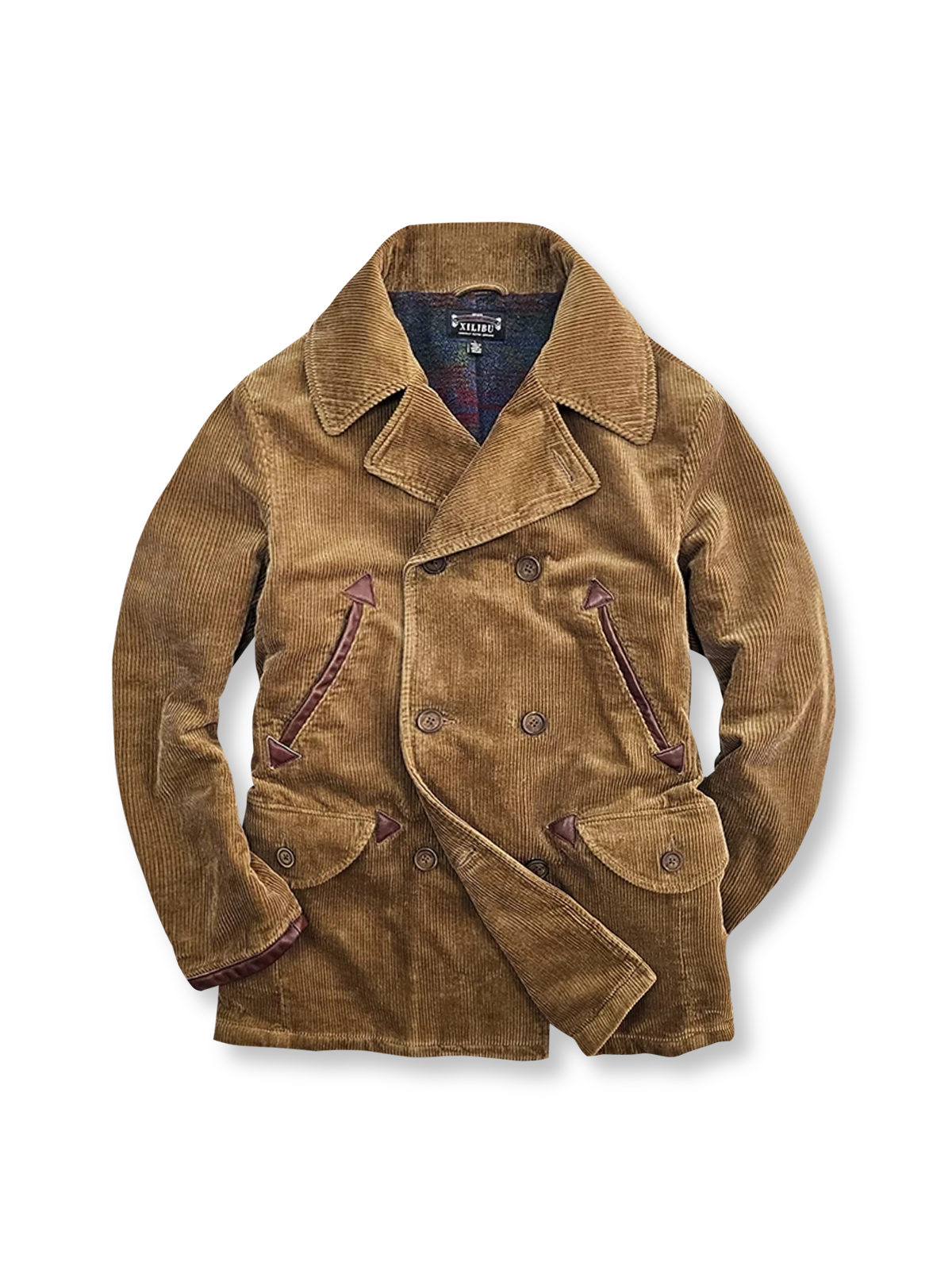 ウールライナー付きのコーデュロイダブルブレスト中丈コート。