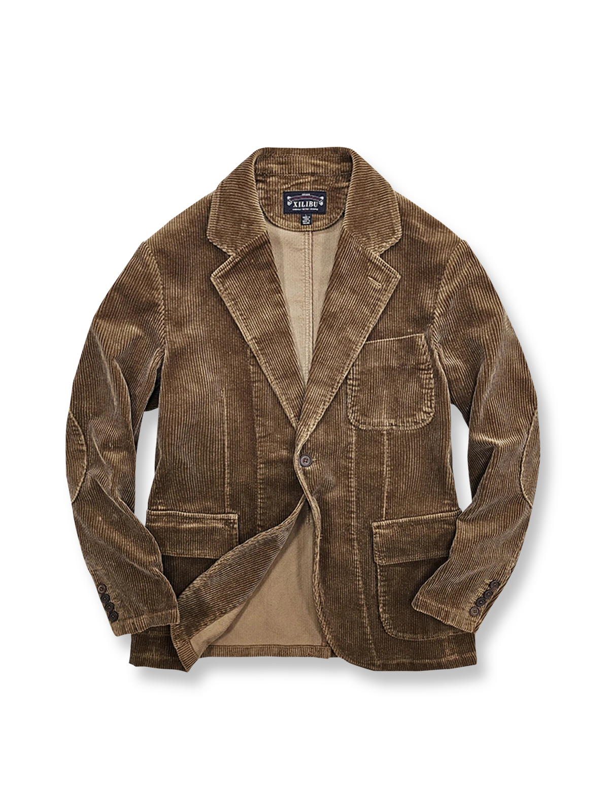 オールコットンコーデュロイのスリムフィットハンティングブレザー。天然本角ボタンと多機能ポケット付き。