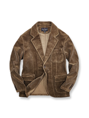 オールコットンコーデュロイのスリムフィットハンティングブレザー。天然本角ボタンと多機能ポケット付き。