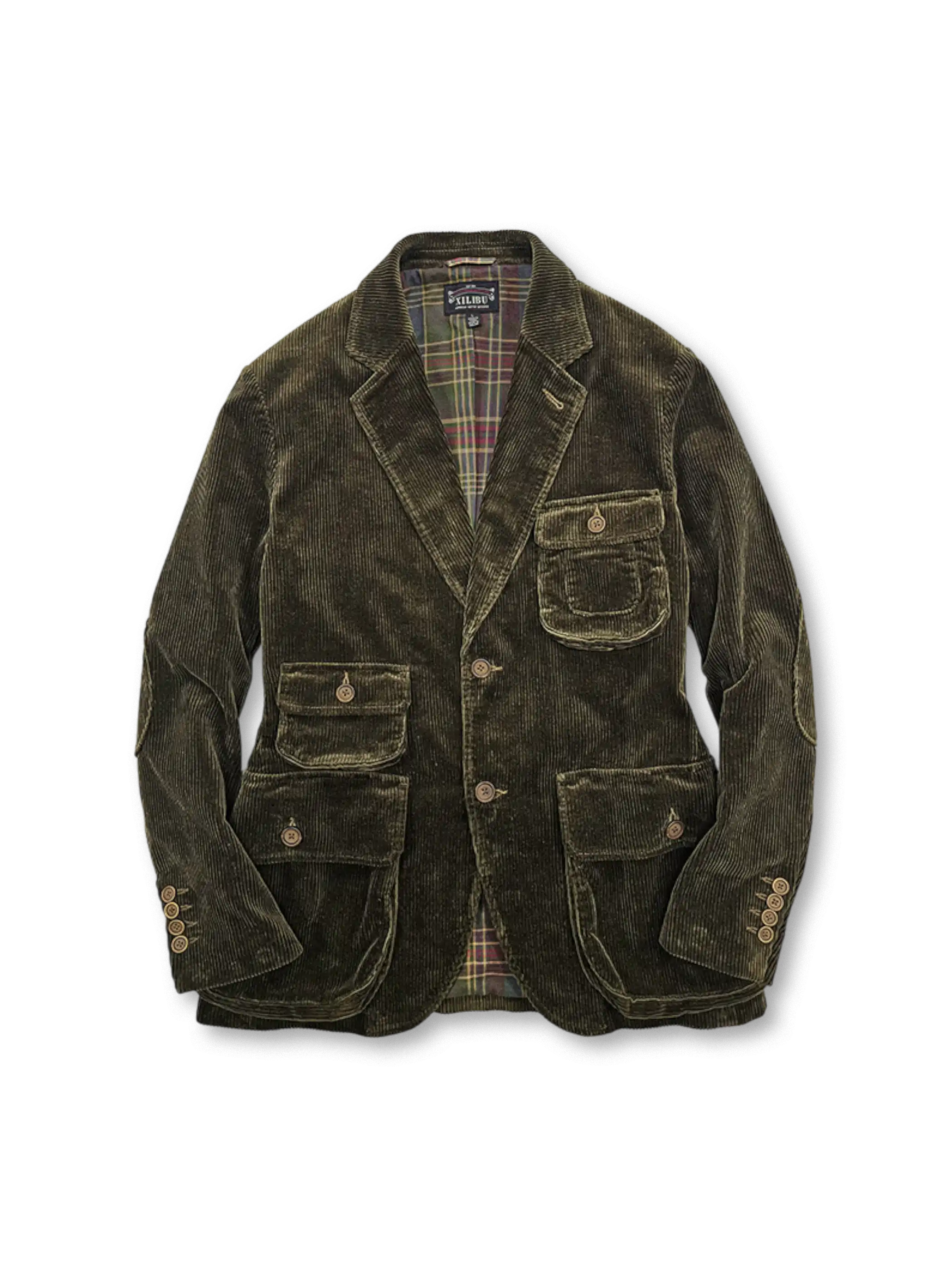 硫化染めカーキとスコットランドチェックライニングが特徴の高密度コーデュロイハンティングジャケット。多用途で快適な着心地
