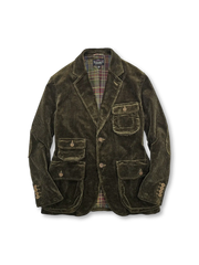 硫化染めカーキとスコットランドチェックライニングが特徴の高密度コーデュロイハンティングジャケット。多用途で快適な着心地