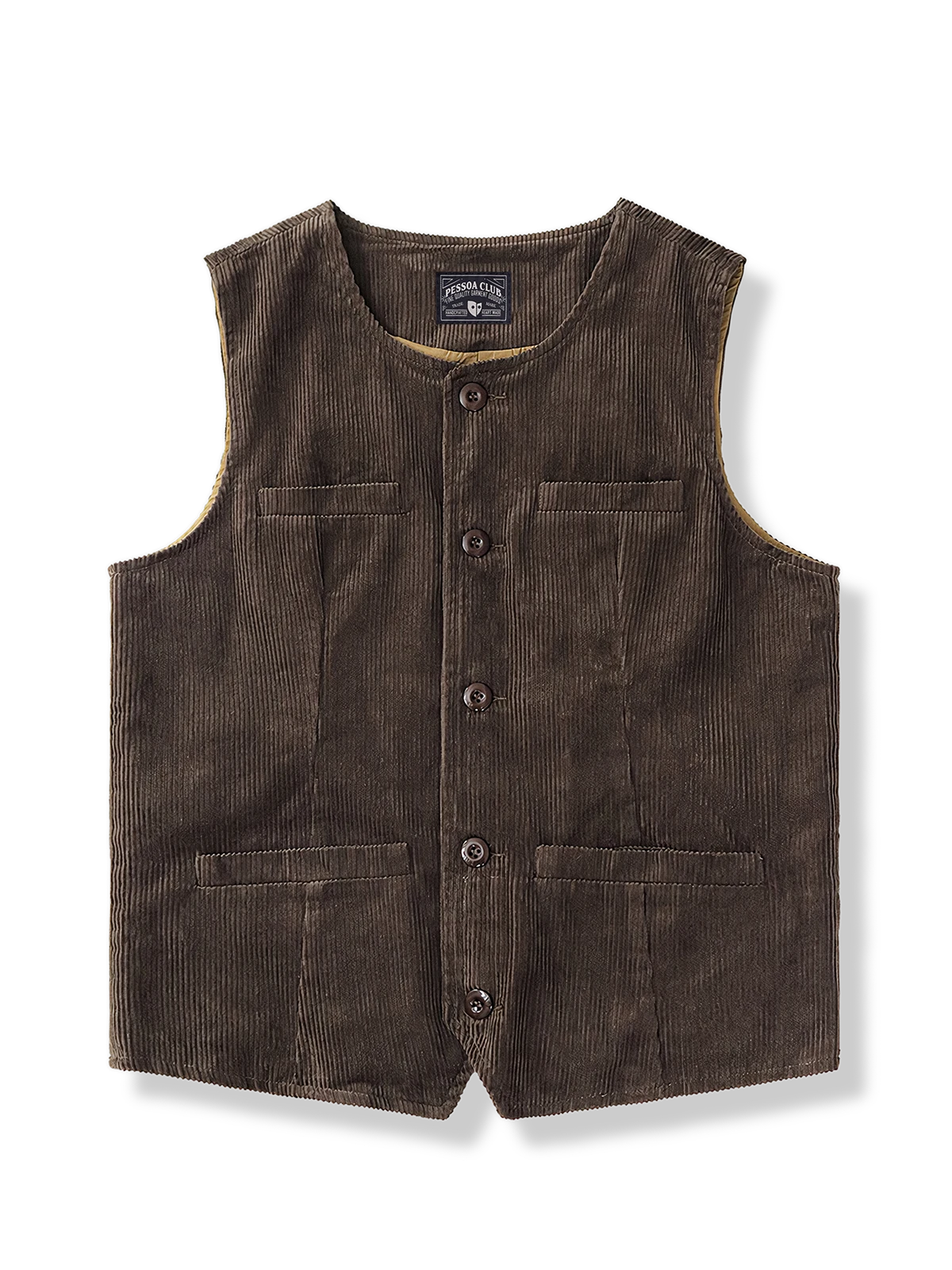 コーデュロイ素材で多ポケットを備えた秋冬向けスリムシルエットベスト。