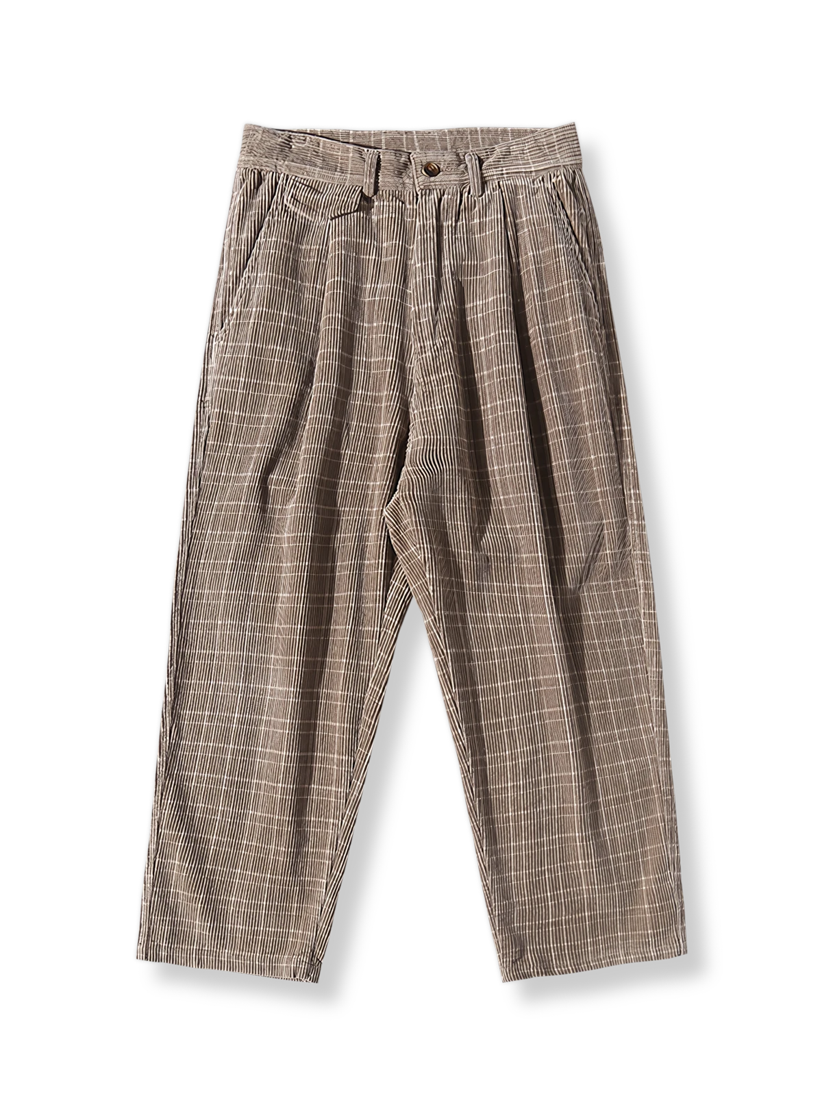厚手コーデュロイとチェック柄が映えるワンタックパンツ