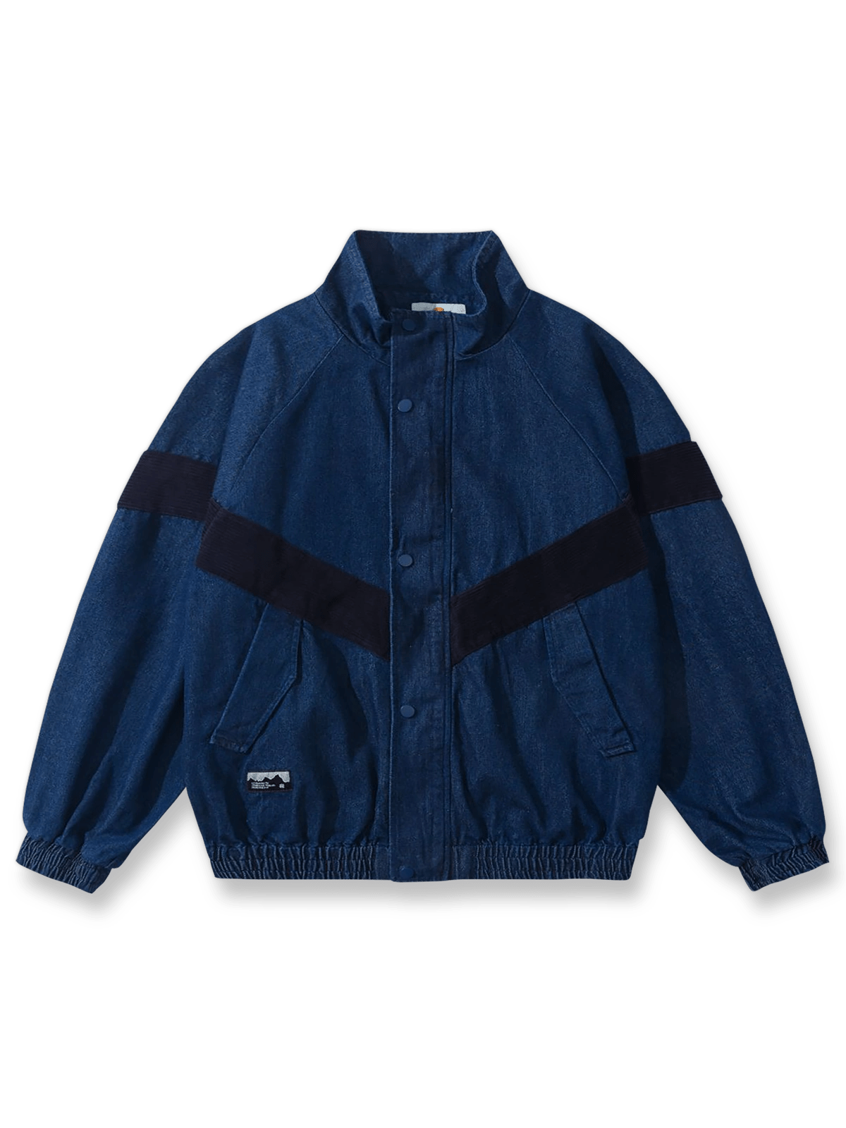 コーデュロイパッチワークをあしらったスタンドカラーのデニムジャケット