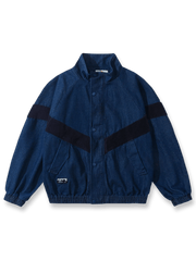 コーデュロイパッチワークをあしらったスタンドカラーのデニムジャケット