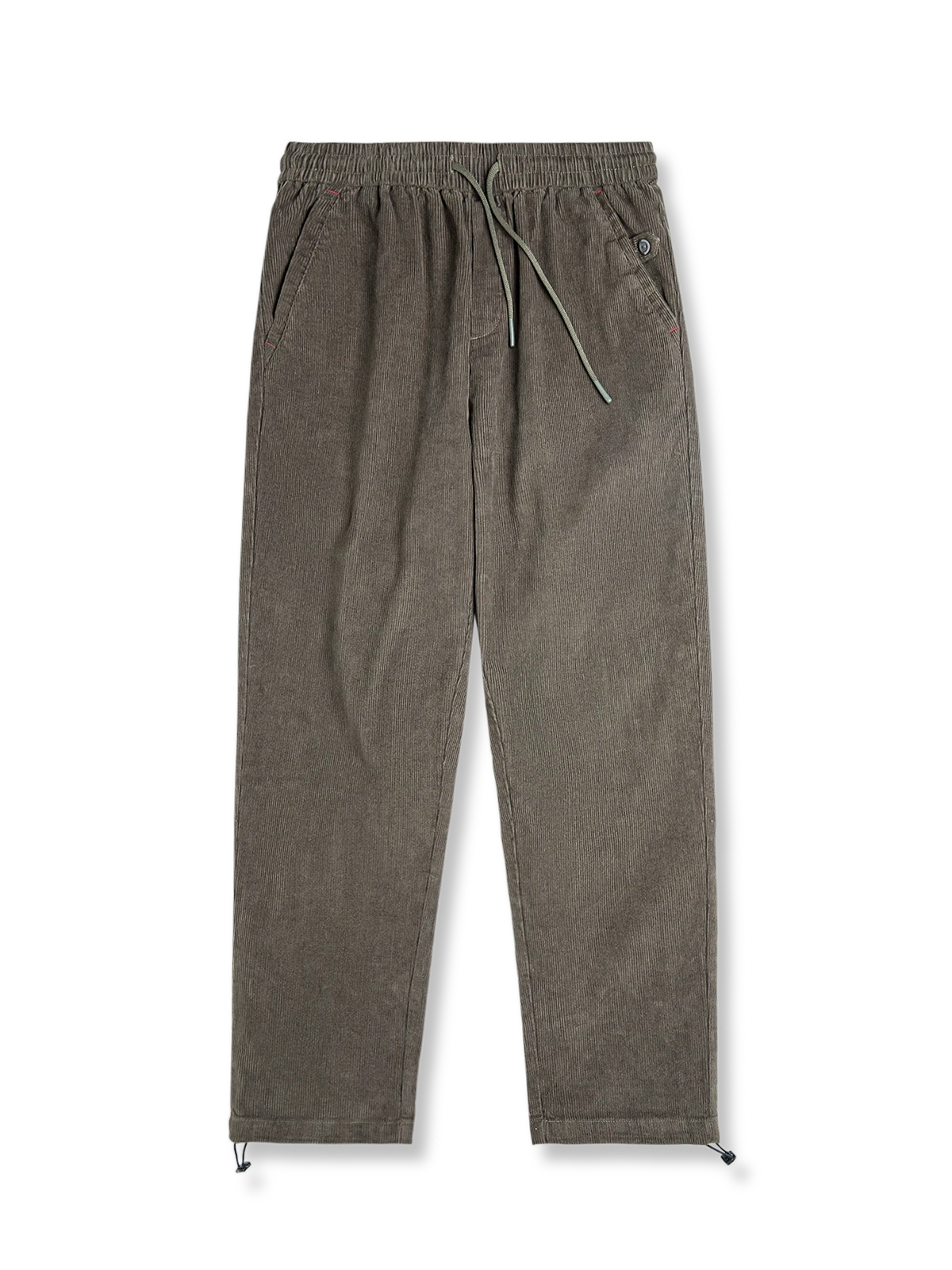 ウエスト裏に花柄をあしらったテーパードシルエットのコーデュロイスラックスの全体と生地感を写した写真