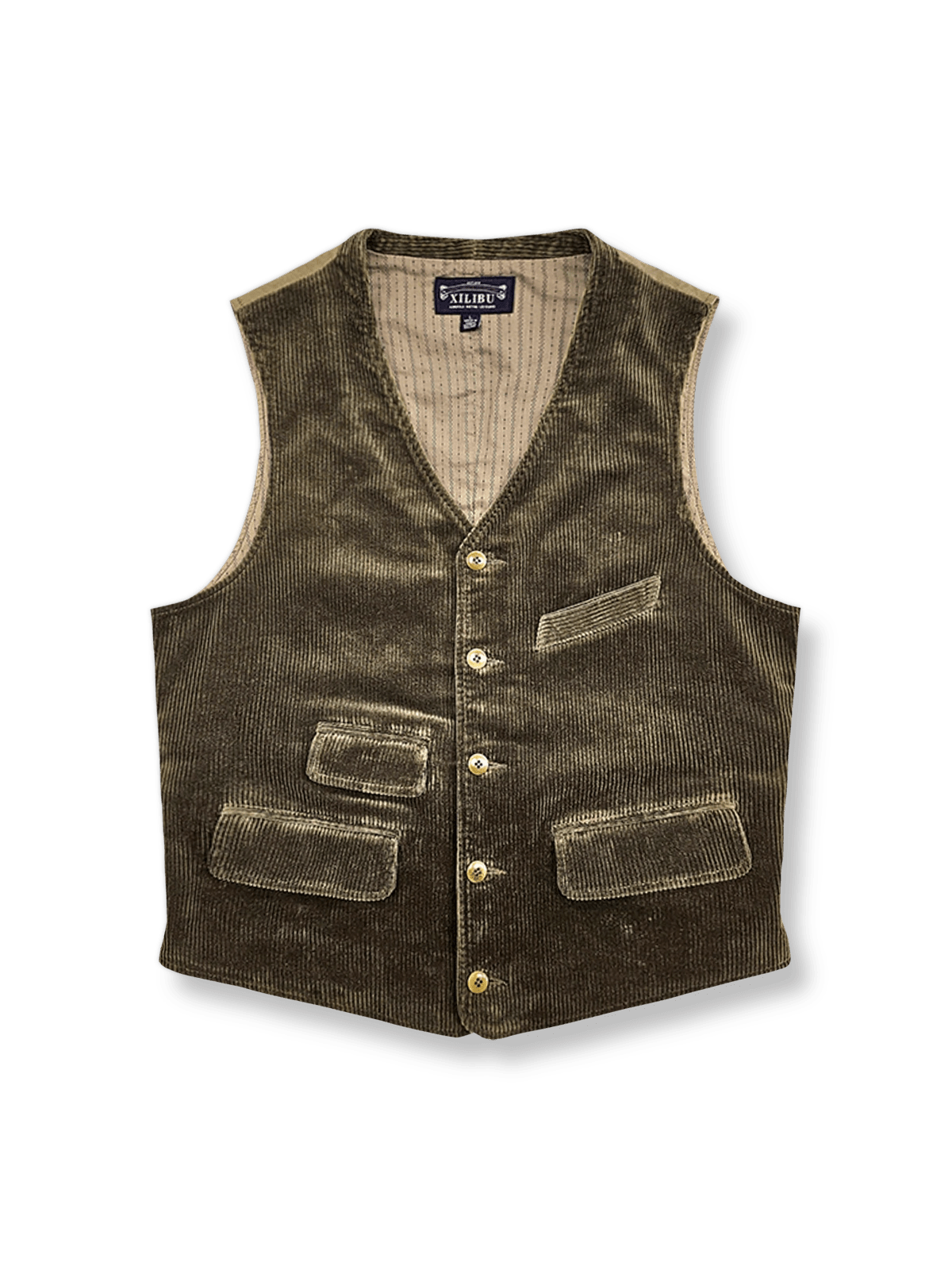 コーデュロイ素材とスリムフィットシルエットを備えたヴィンテージ風ベスト。果実風ボタンが特徴。
