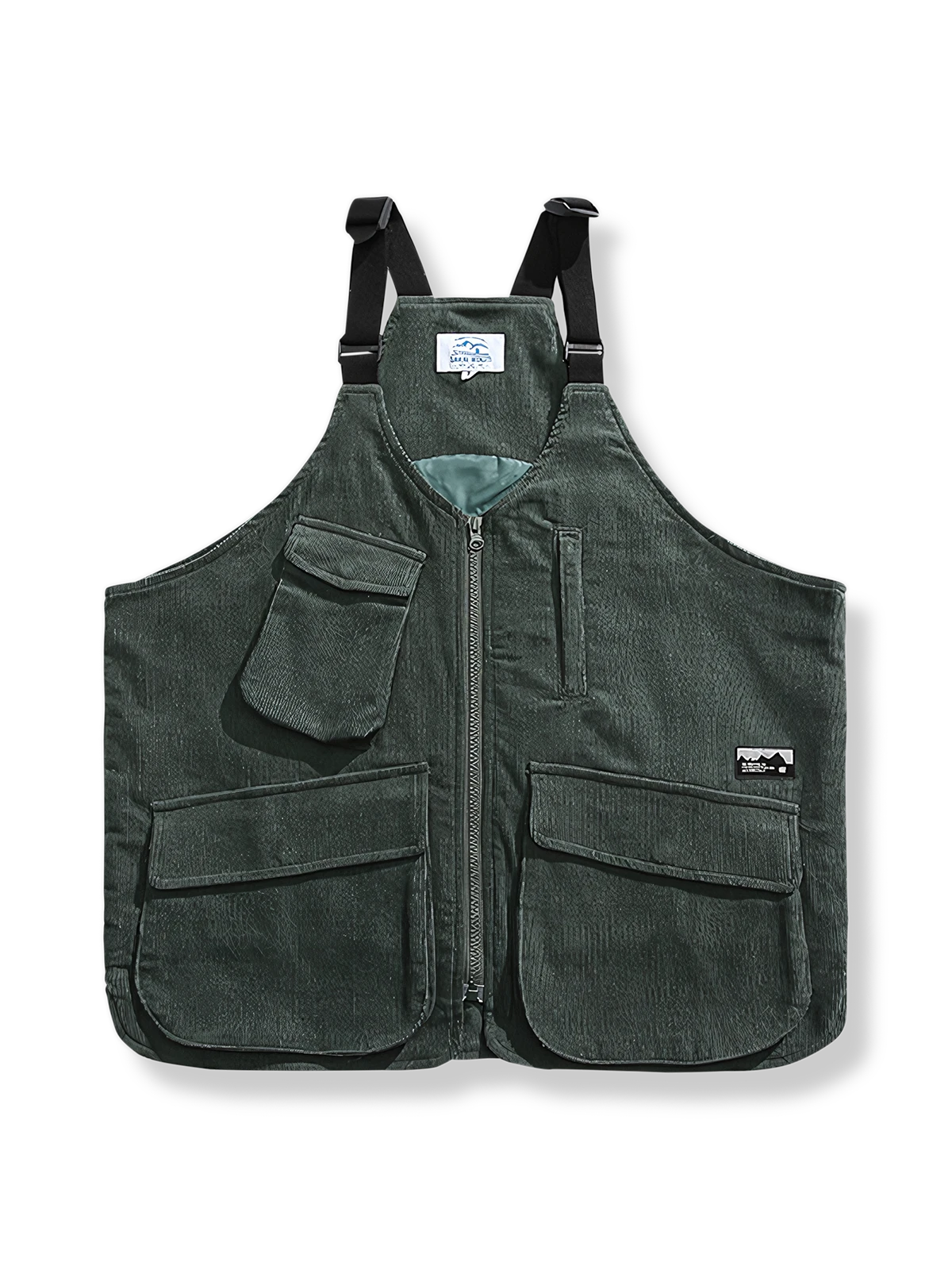 4つのポケットと深緑色が特徴のコーデュロイベスト