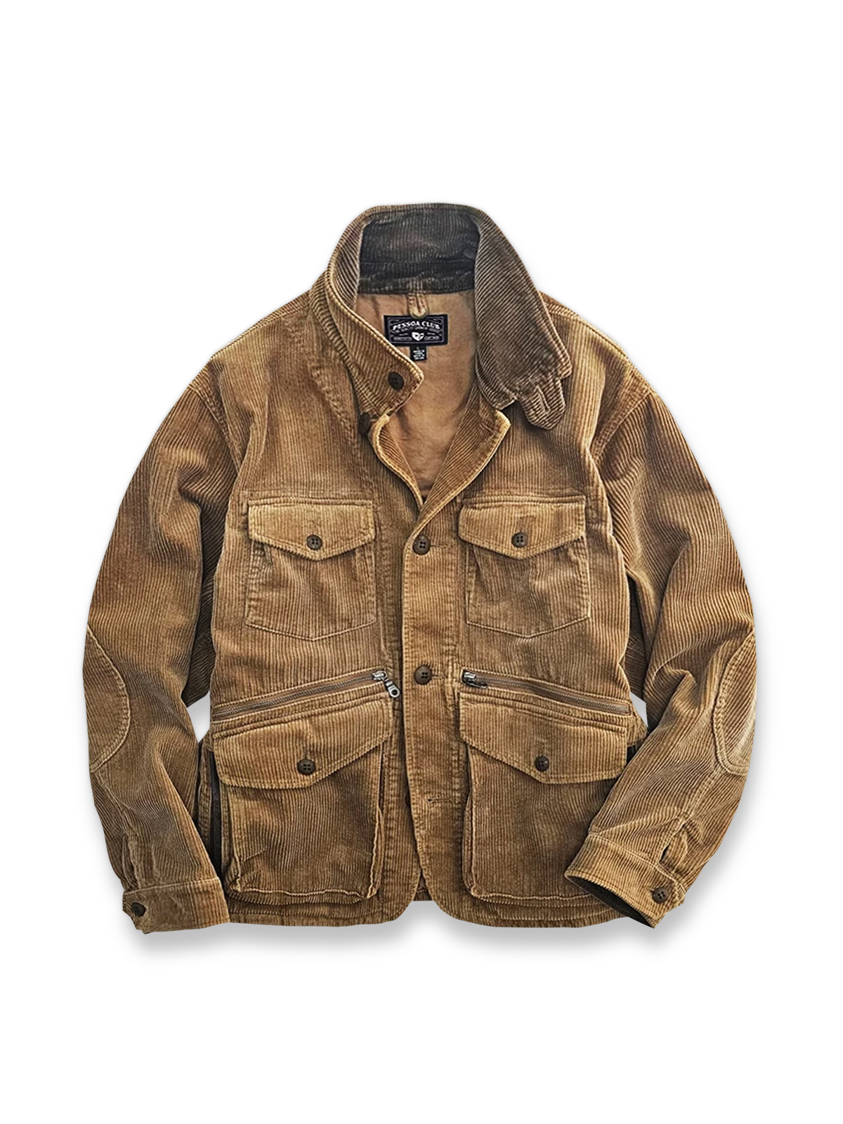ウォッシュ加工コーデュロイと多ポケットが特徴のヴィンテージ風ウエスタンハンティングジャケット。