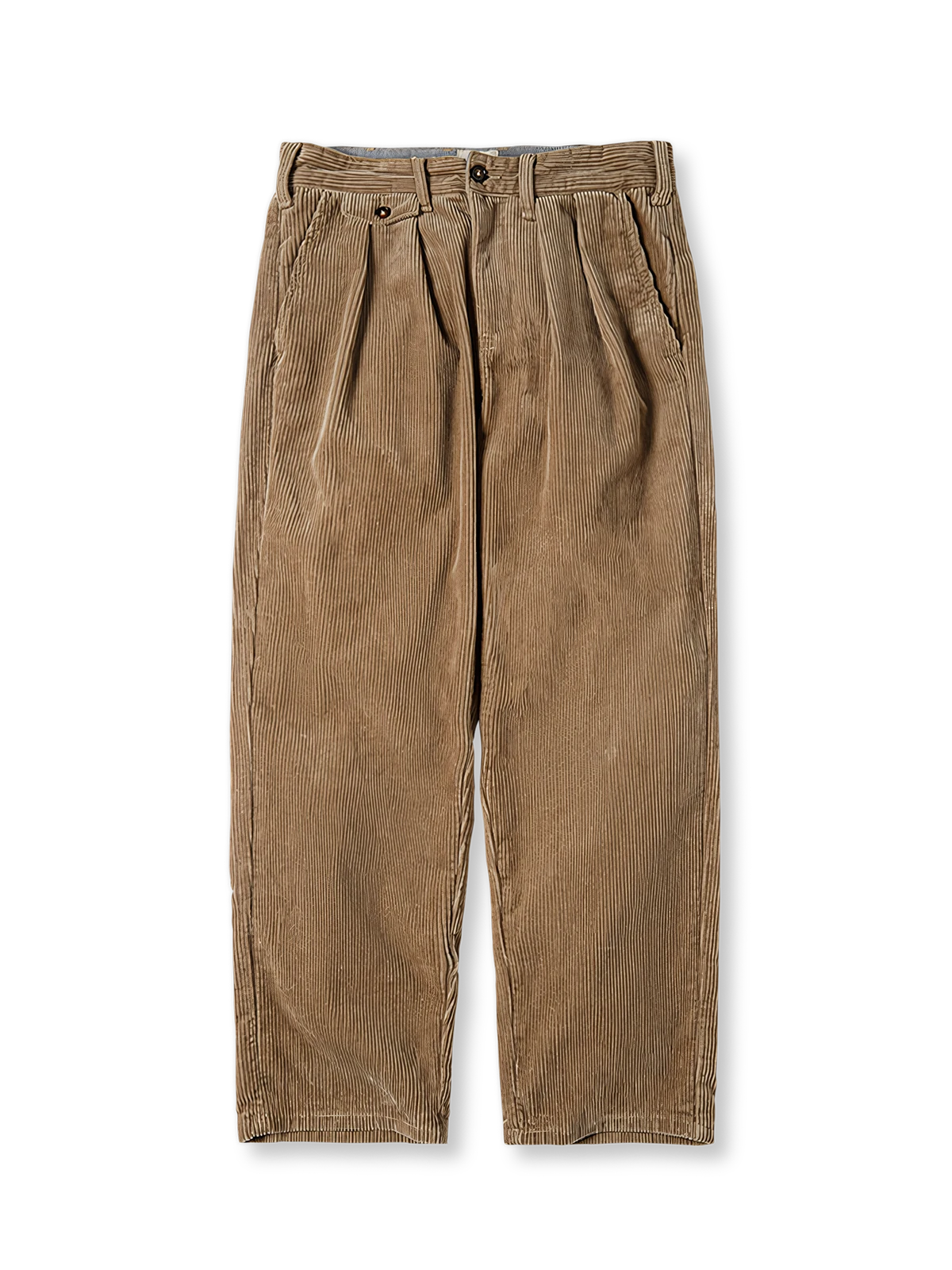 カーキとダークブラウンの2色展開コーデュロイワイドスラックスの全体と生地の質感を写した写真