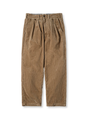 カーキとダークブラウンの2色展開コーデュロイワイドスラックスの全体と生地の質感を写した写真