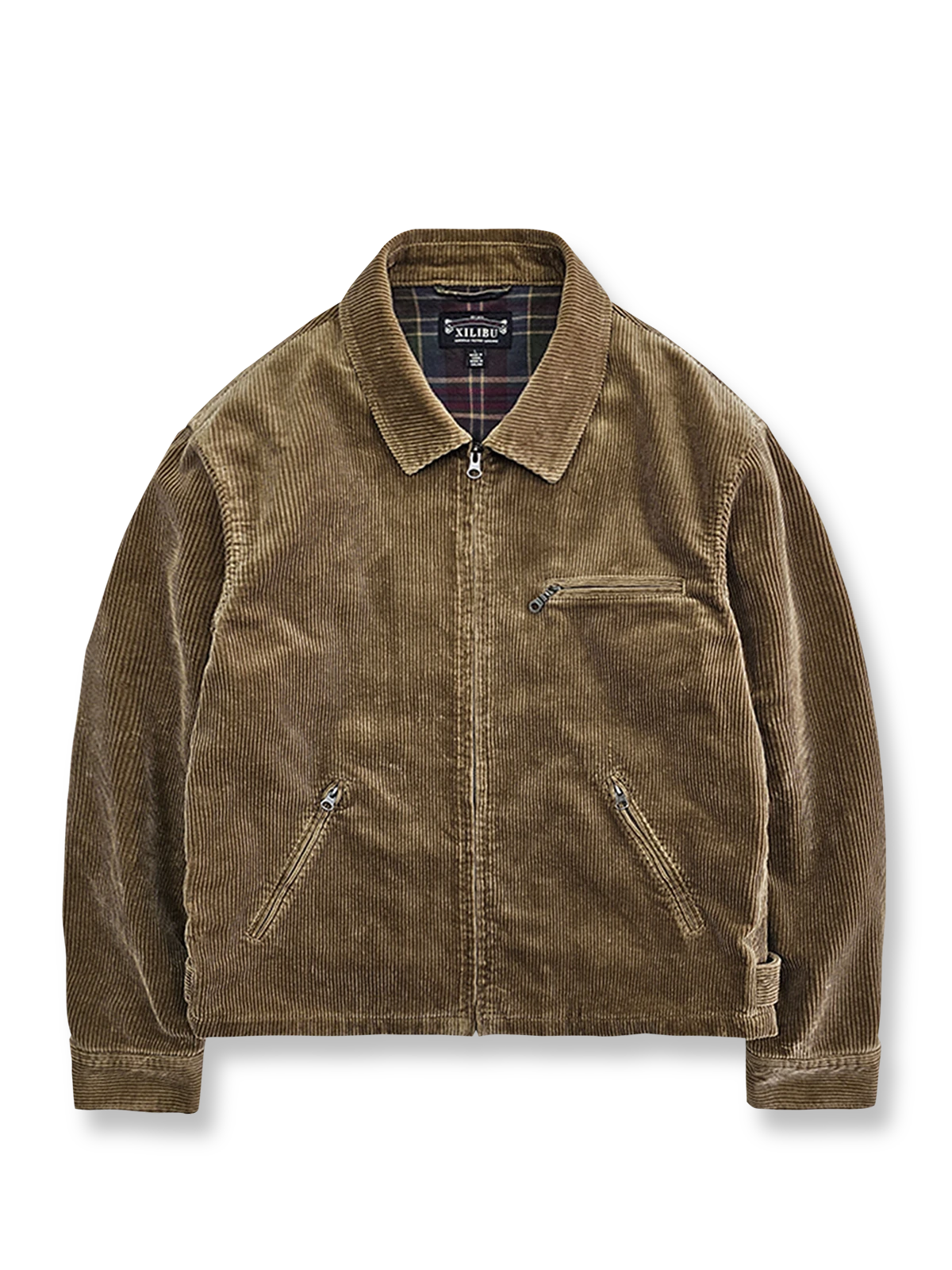 100%コットンコーデュロイ製の多ポケットワークジャケット。ウォッシュ加工とチェック柄裏地付き。