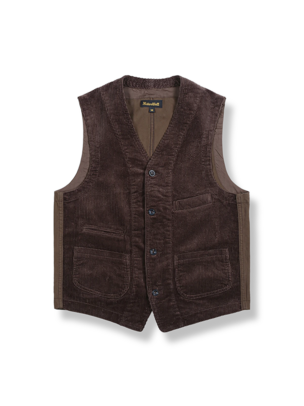 19世紀労働者服を彷彿とさせるコーデュロイ素材のワークベスト、マルチポケットとスリムフィットが特徴。