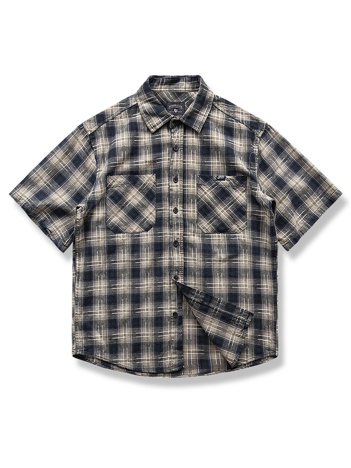 コットンチェック柄半袖シャツ、タータンチェック、カーブヘム、吸汗速乾素材