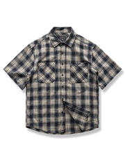 コットンチェック柄半袖シャツ、タータンチェック、カーブヘム、吸汗速乾素材